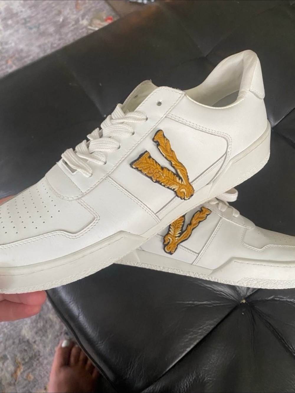 Versace White Leather Low-Top Sneakers with Yellow Embroidered V Patch